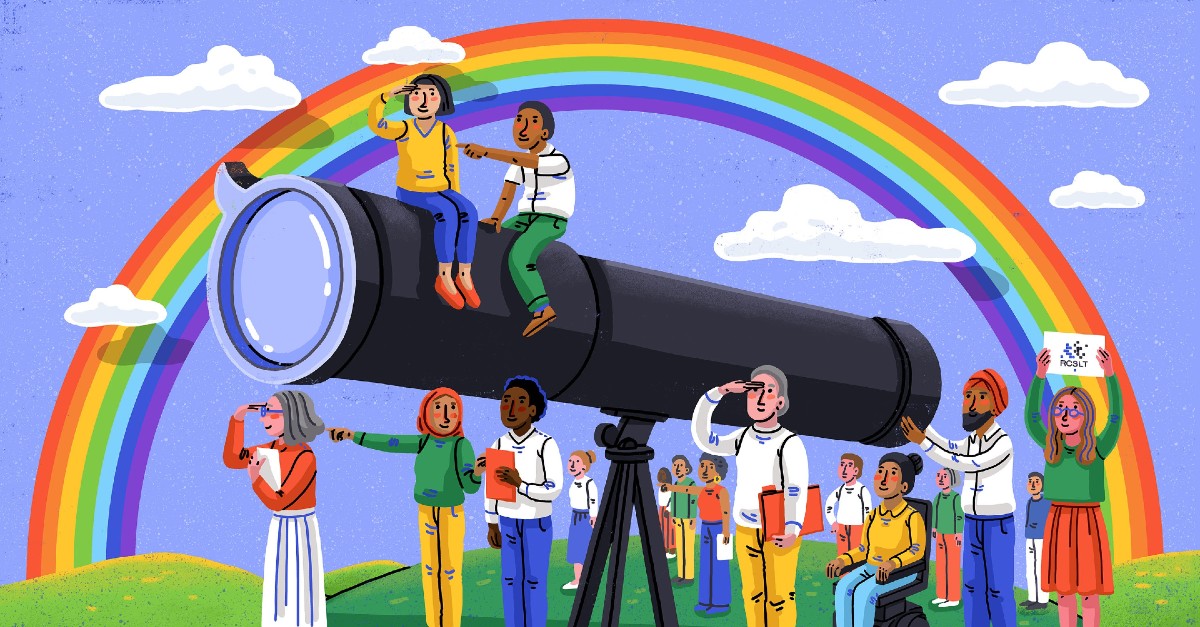 Illustration showing people looking out underneath a big telescope and a rainbow