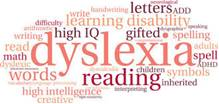 Word cloud style image made of words relating to dyalexia. Words include Dyslexia, reading, high IQ, learning disability, letters, gifted, spelling, words, creative, spell, myth